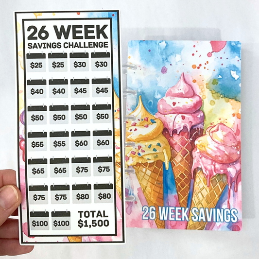 26 Week Savings Challenge Binder | $1,500 Savings Goal | Ice Cream Design | A6 Disc Binder | Cash Budgeting | Money Binder