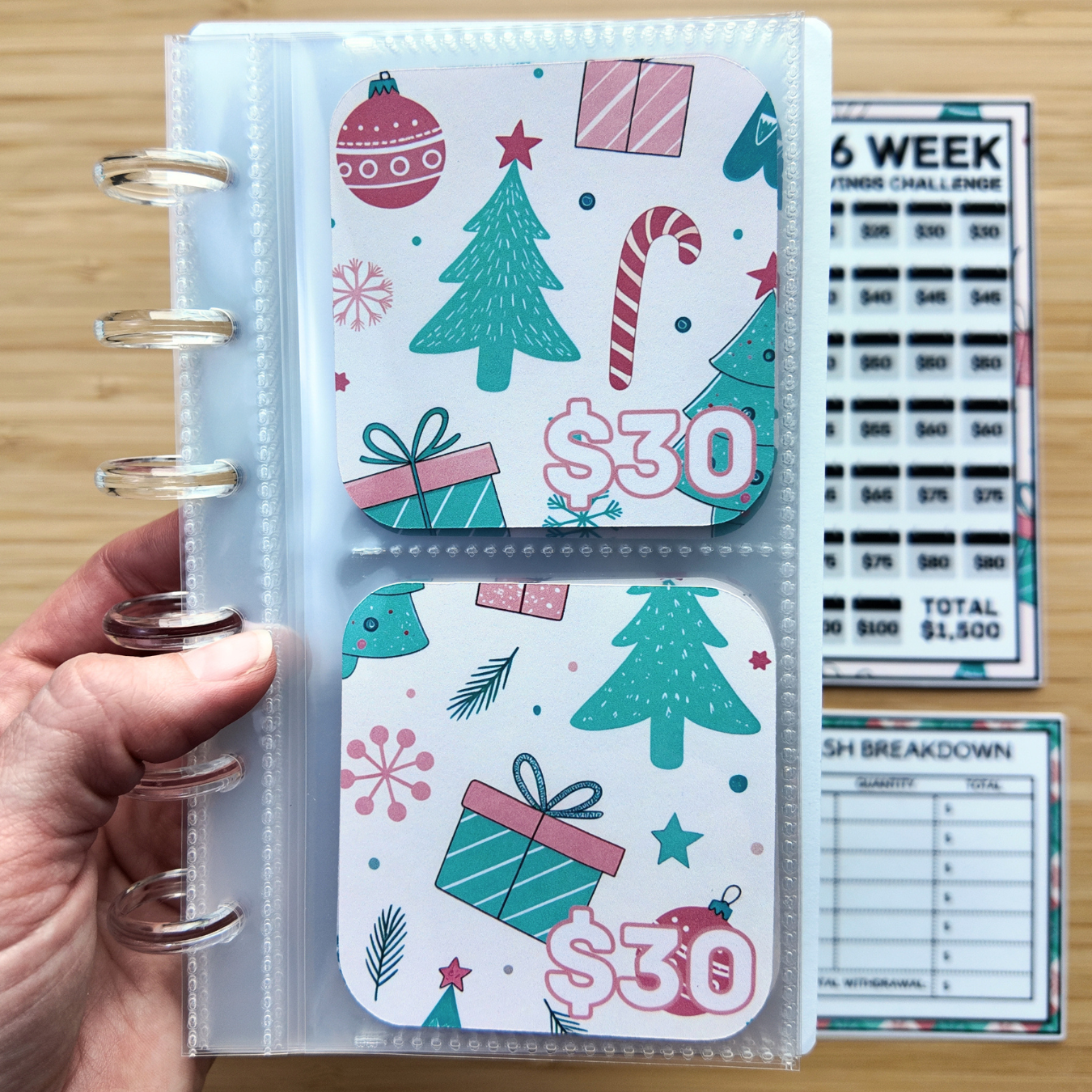 Holiday 26 Week Savings Challenge Binder, $500 Monthly Challenge, Laminated Trackers, Cash Breakdown Card, Christmas Tree Paper Clip | A6 Budget Binder