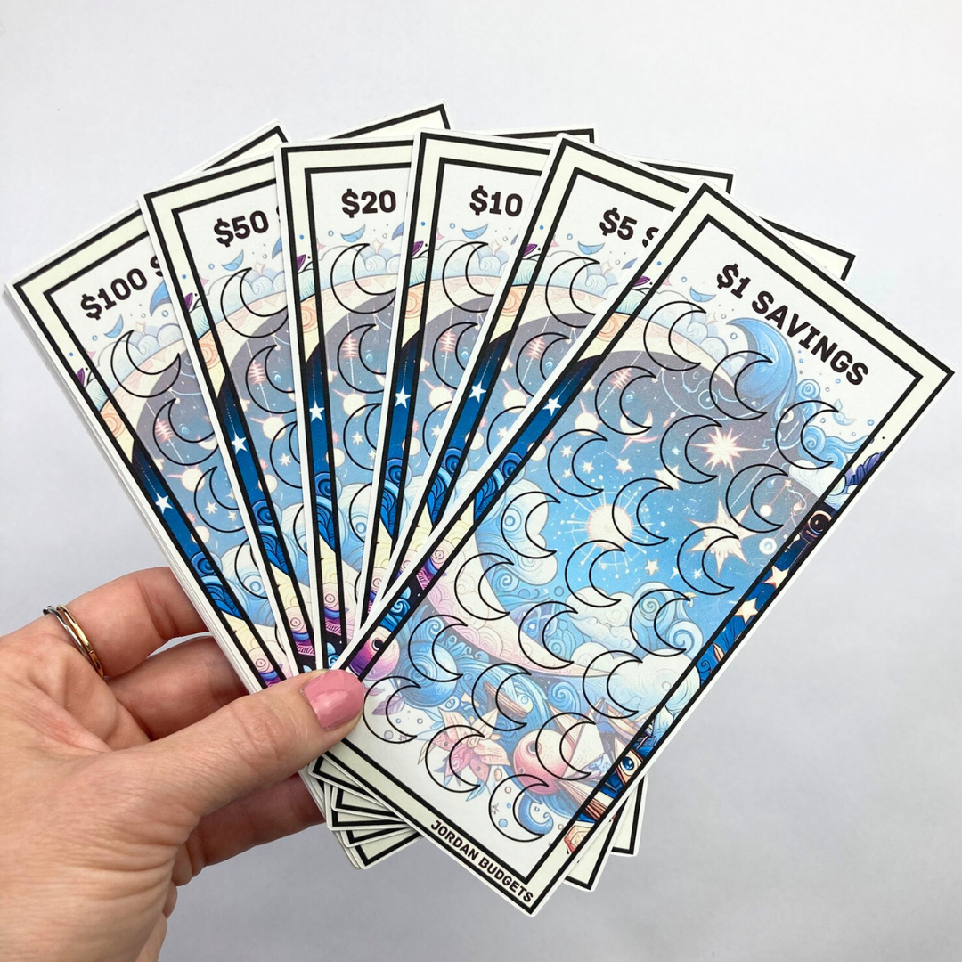 Celestial $1, $5, $10, $20, $50, $100 Dollar Savings Challenge Cards & Divider | 12 A6 Size Savings Challenge Cards | Cash Budgeting