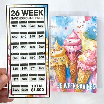 26 Week Savings Challenge Binder | $1,500 Savings Goal | Ice Cream Design | A6 Disc Binder | Cash Budgeting | Money Binder