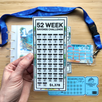 Cruise Bundle | 52 Week Savings Challenge Binder, Key Card Challenge, Boarding Pass Challenge, Lanyard | Laminated Challenges | A6 Binder