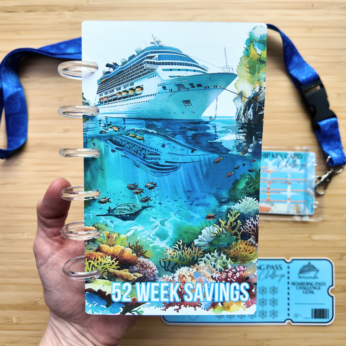 Cruise Bundle | 52 Week Savings Challenge Binder, Key Card Challenge, Boarding Pass Challenge, Lanyard | Laminated Challenges | A6 Binder