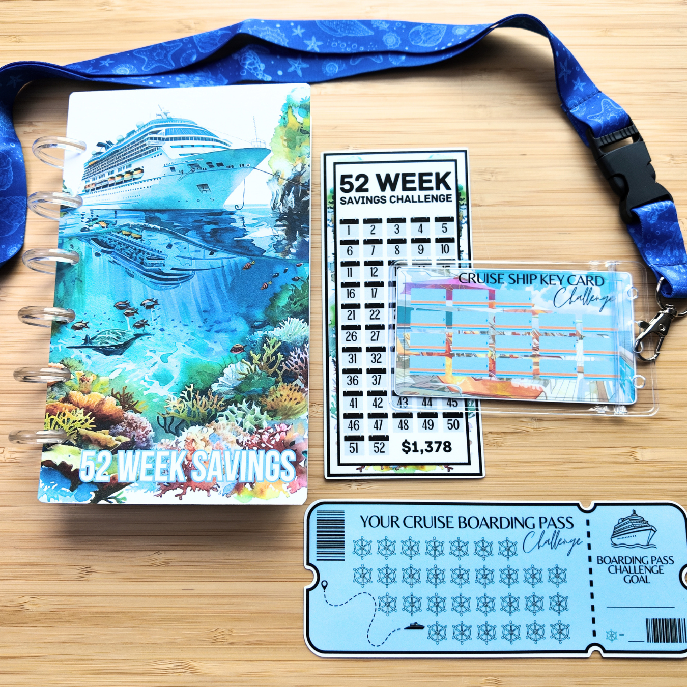 Cruise Bundle | 52 Week Savings Challenge Binder, Key Card Challenge, Boarding Pass Challenge, Lanyard | Laminated Challenges | A6 Binder