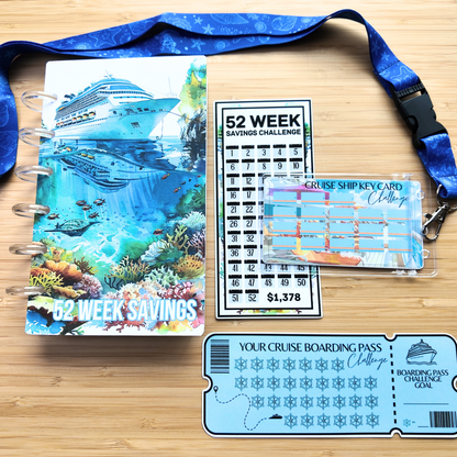 Cruise Bundle | 52 Week Savings Challenge Binder, Key Card Challenge, Boarding Pass Challenge, Lanyard | Laminated Challenges | A6 Binder