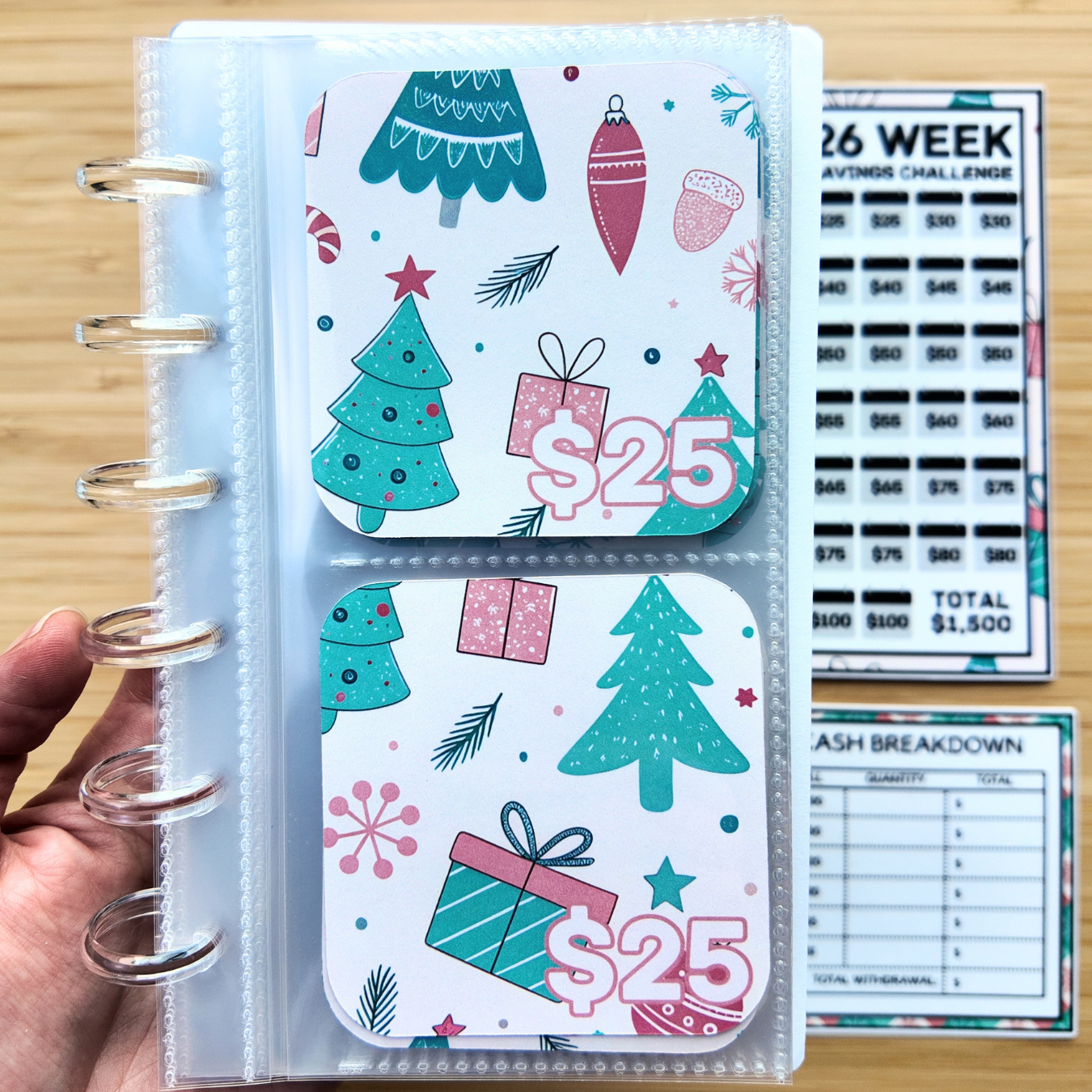 Holiday Bundle | 26 Week Savings Challenge Binder, $500 Monthly Challenge, Laminated Trackers, Cash Breakdown Card, Christmas Tree Paper Clip | A6 Budget Binder