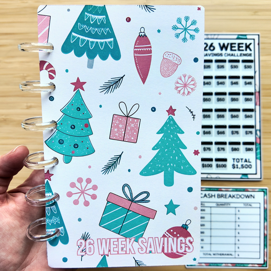 Holiday 26 Week Savings Challenge Binder, $500 Monthly Challenge, Laminated Trackers, Cash Breakdown Card, Christmas Tree Paper Clip | A6 Budget Binder