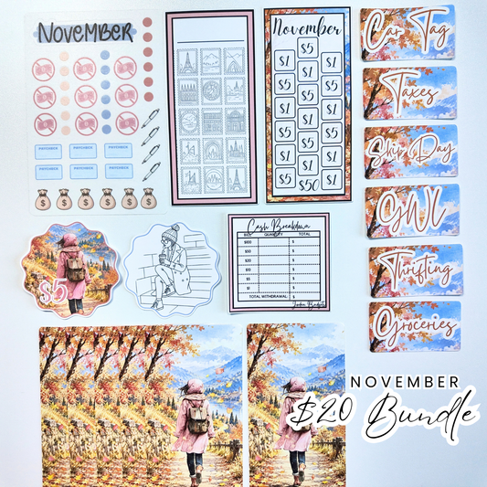 November Budget $20 Bundle Autumn Escapes | Savings Challenges & Cash Stuffing Supplies