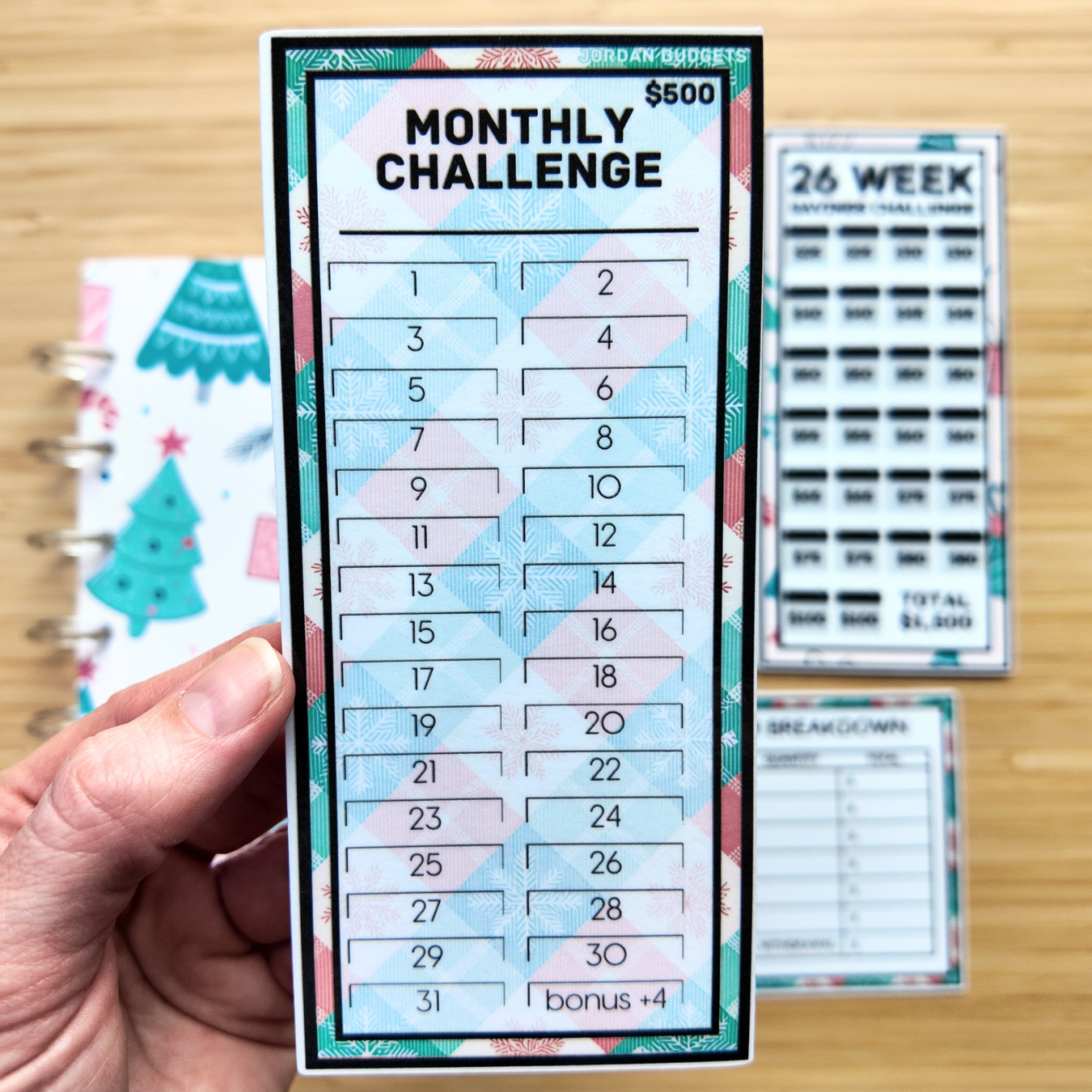 Holiday Bundle | 26 Week Savings Challenge Binder, $500 Monthly Challenge, Laminated Trackers, Cash Breakdown Card, Christmas Tree Paper Clip | A6 Budget Binder