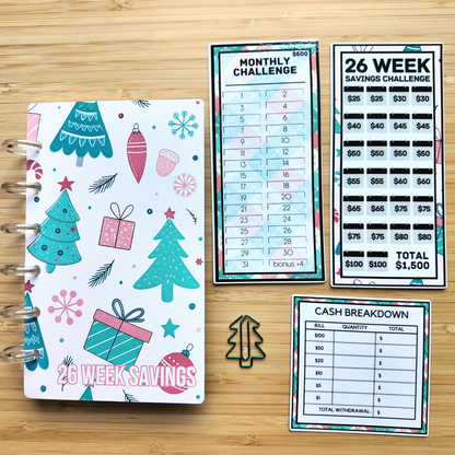Holiday Bundle | 26 Week Savings Challenge Binder, $500 Monthly Challenge, Laminated Trackers, Cash Breakdown Card, Christmas Tree Paper Clip | A6 Budget Binder