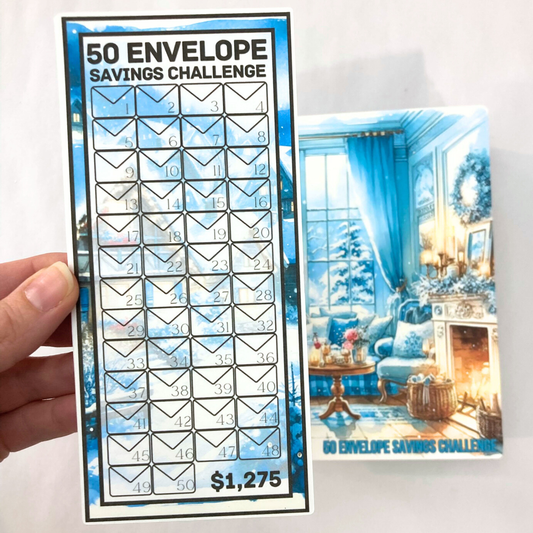 50 Envelope Savings Binder Cozy Blue Winter Design | A6 Disc Binder | Cash Budgeting | Money Binder