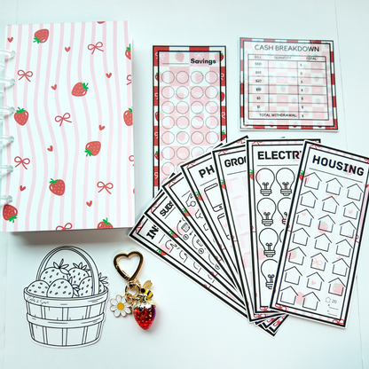 One Month Ahead Bundle | Pretty in Pink | One Month Ahead Challenge Binder, Strawberry Challenge, Color & Save Challenge, Cash Breakdown Card, Strawberry Keychain | A6 Budget Binder Bundle