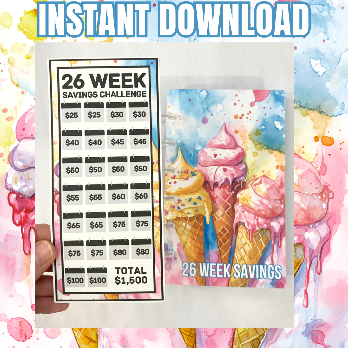 26 Week Savings Challenge Binder | 1,500 Savings | Ice Cream Design | Cash Budgeting | PDF PNG and STUDIO3 Files | Digital Download