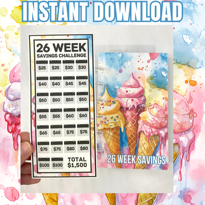 26 Week Savings Challenge Binder | 1,500 Savings | Ice Cream Design | Cash Budgeting | PDF PNG and STUDIO3 Files | Digital Download