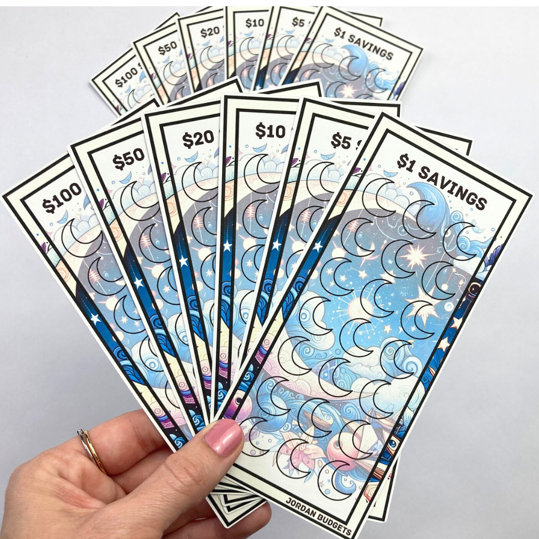 Celestial $1, $5, $10, $20, $50, $100 Dollar Savings Challenge Cards & Divider | 12 A6 Size Savings Challenge Cards | Cash Budgeting