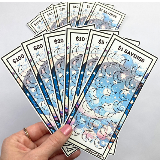 Celestial $1, $5, $10, $20, $50, $100 Dollar Savings Challenge Cards & Divider | 12 A6 Size Savings Challenge Cards | Cash Budgeting
