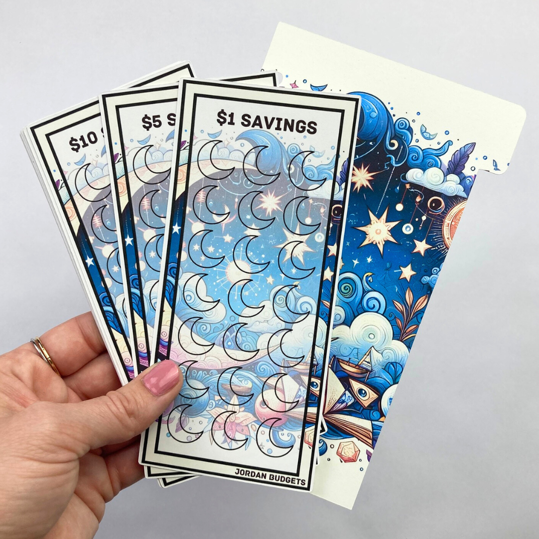 Celestial $1, $5, $10, $20, $50, $100 Dollar Savings Challenge Cards & Divider | 12 A6 Size Savings Challenge Cards | Cash Budgeting