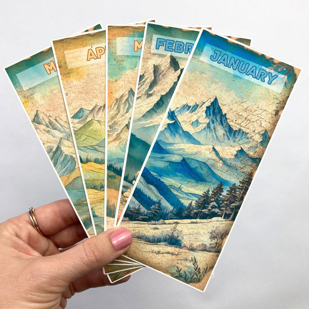 12 Month Cards with Cardstock Binder Cover | Physical Shipped Item | Mountains Designs